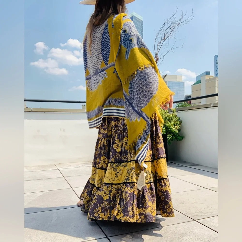 Inouïtoosh Wool Mustard Owl Cat Fringed Blanket Scarf Dupatta